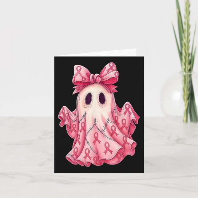 Patchwork Coquette Bow Breast Cancer Ghost Hallowe Card (Front)