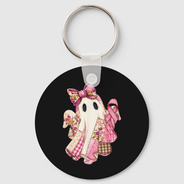 Patchwork Coquette Bow Breast Cancer Ghost Hallowe Key Ring (Front)