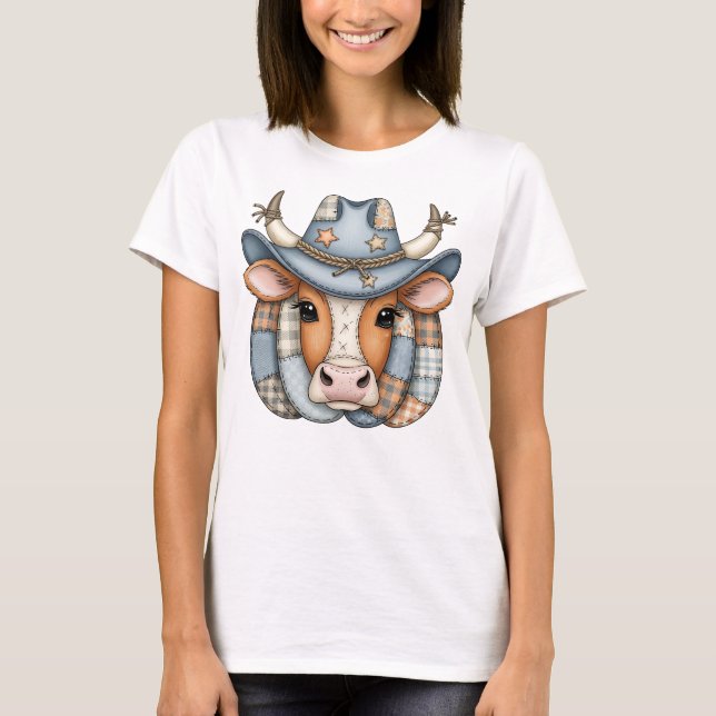 Patchwork Cow with Cowboy Hat – Rustic Farmhouse T-Shirt (Front)