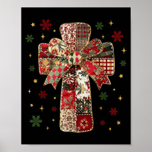 Patchwork Cross Christian Christmas Coquette Bow Poster
