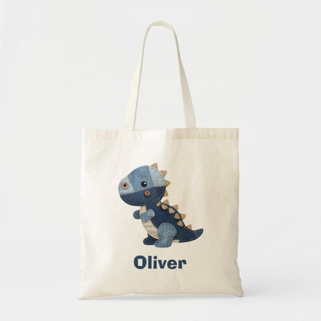 Patchwork Denim Baby T-Rex Tote Bag (Front)