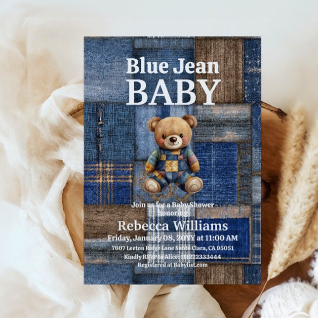 Patchwork Denim Bear Toy Blue Jean Baby Shower Invitation (Creator Uploaded)