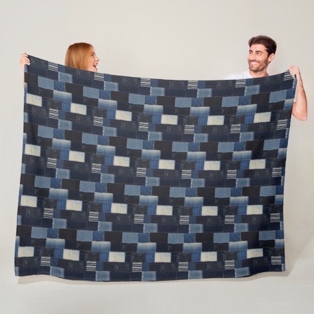 Patchwork Denim Fabric Art Illustration No14 Fleece Blanket (In Situ)