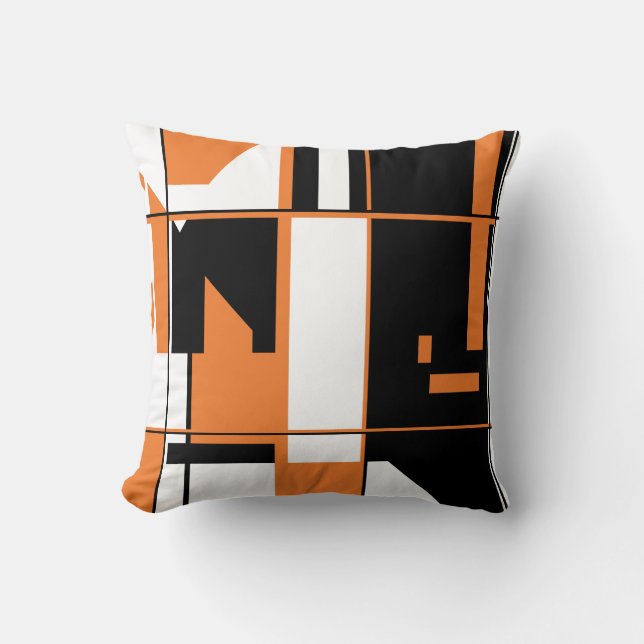 Patchwork Design in Orange, Black White MCM Look Cushion (Front)