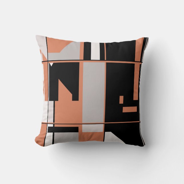 Patchwork Design in Salmon Orange Black Grey White Cushion (Front)