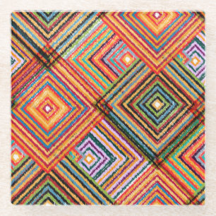 Patchwork Design with Aztec Squares. Glass Coaster