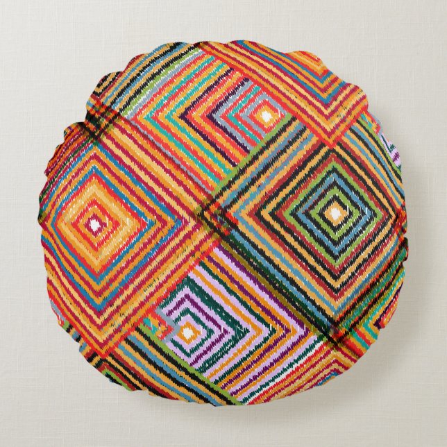 Patchwork Design with Aztec Squares. Round Cushion (Front)