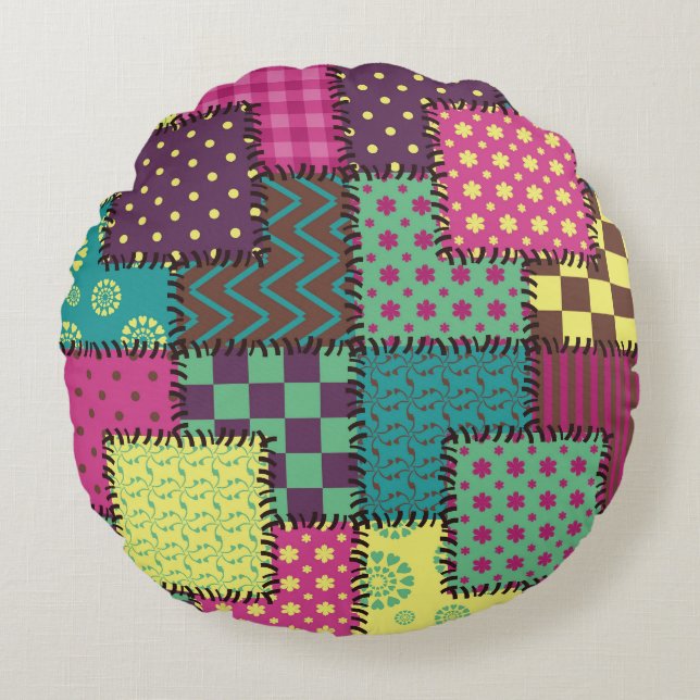 Patchwork: Diverse Patterns Background Round Cushion (Front)