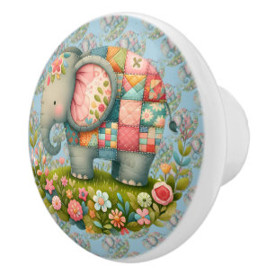 Patchwork Elephant Floral Meadow Charm Ceramic Knob