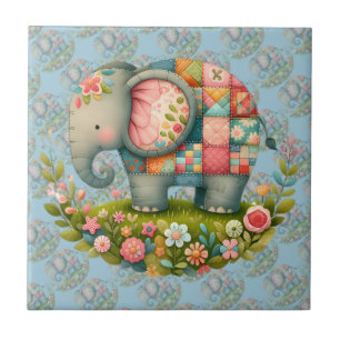 Patchwork Elephant Floral Meadow Charm Ceramic Tile