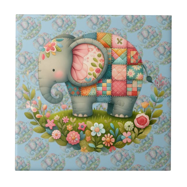 Patchwork Elephant Floral Meadow Charm Ceramic Tile (Front)