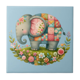 Patchwork Elephant Floral Meadow Charm Ceramic Tile