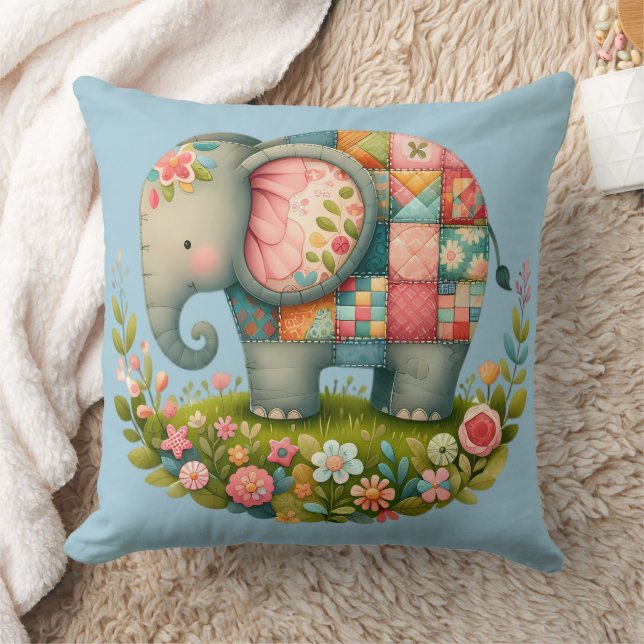 Patchwork Elephant Floral Meadow Charm Cushion (Blanket)