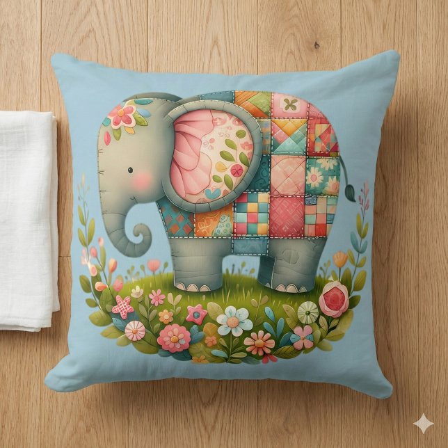 Patchwork Elephant Floral Meadow Charm Cushion (Patchwork Elephant Floral Meadow Charm Throw Pillow Mockup A)