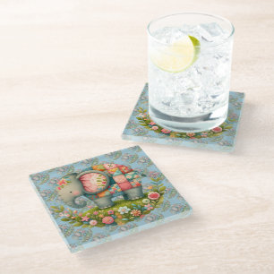 Patchwork Elephant Floral Meadow Charm Glass Coaster