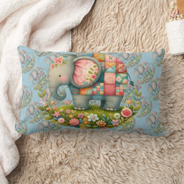 Patchwork Elephant Floral Meadow Charm Lumbar Cushion (Blanket)