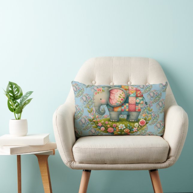 Patchwork Elephant Floral Meadow Charm Lumbar Cushion (Chair)