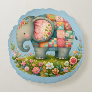 Patchwork Elephant Floral Meadow Charm Round Cushion