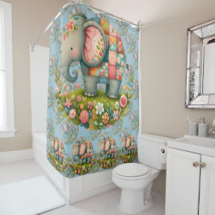 Patchwork Elephant Floral Meadow Charm Shower Curtain