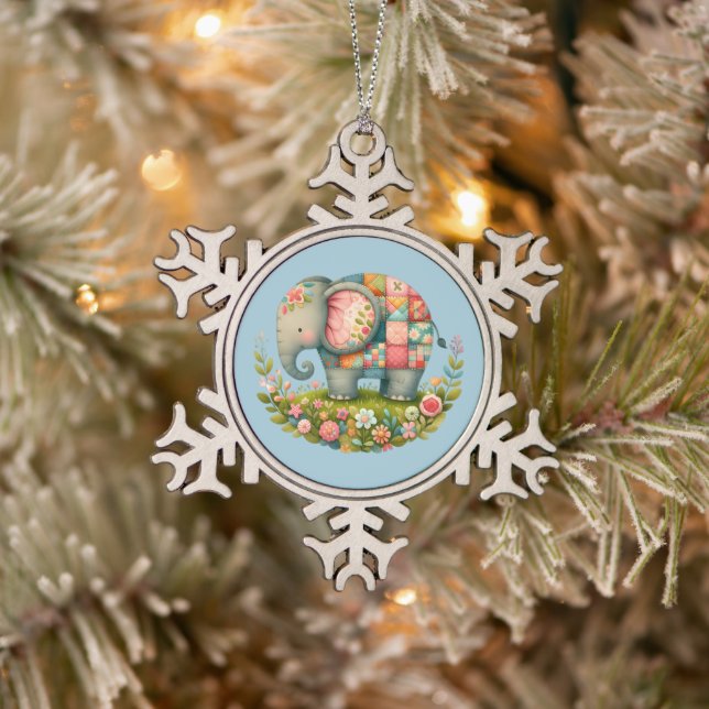 Patchwork Elephant Floral Meadow Charm Snowflake Pewter Christmas Ornament (Tree)