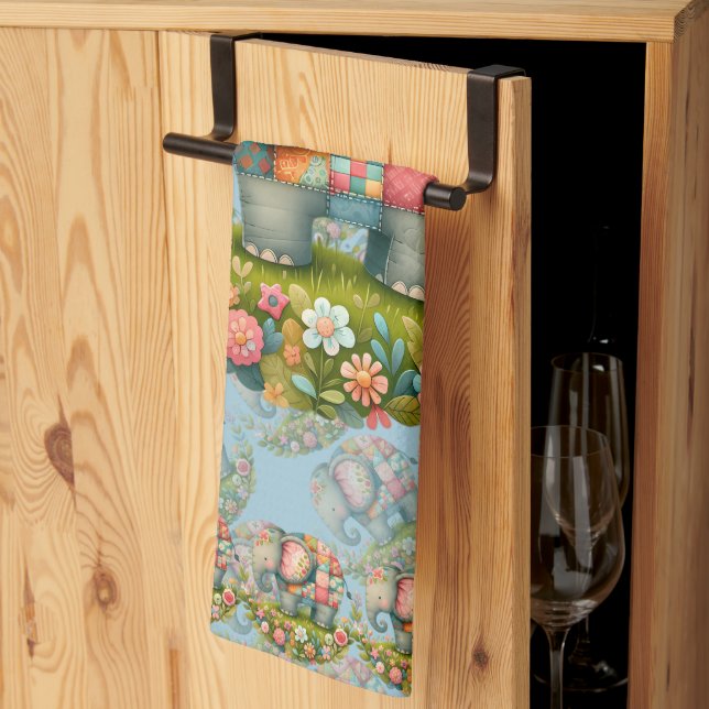 Patchwork Elephant Floral Meadow Charm Tea Towel (Thirds Fold)