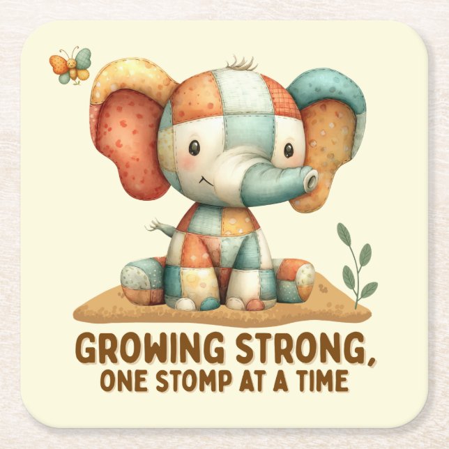 Patchwork Elephant “Growing Strong Square Paper Coaster (Front)