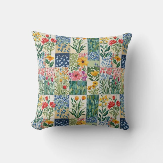 Patchwork Floral Botanical Garden Flowers Pretty Cushion (Front)