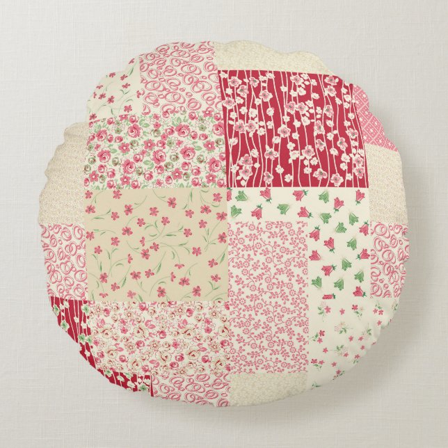 Patchwork Floral: Hand Drawn Ornaments. Round Cushion (Front)