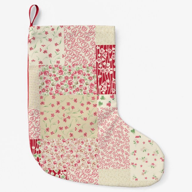 Patchwork Floral: Hand Drawn Ornaments. Small Christmas Stocking (Front)