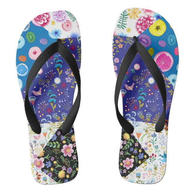 Patchwork floral pattern on a black background. Ve Thongs (Footbed)