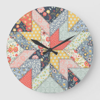 Patchwork Floral: Vintage Ornament Large Clock