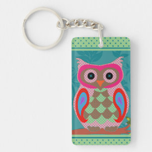 Patchwork Folk Art Owl and Dots Key Ring