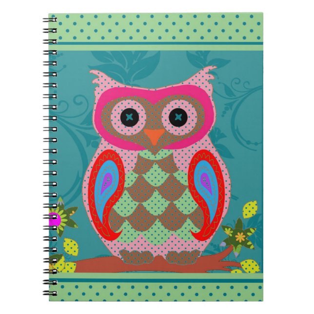 Patchwork Folk Art Owl and Dots Notebook (Front)