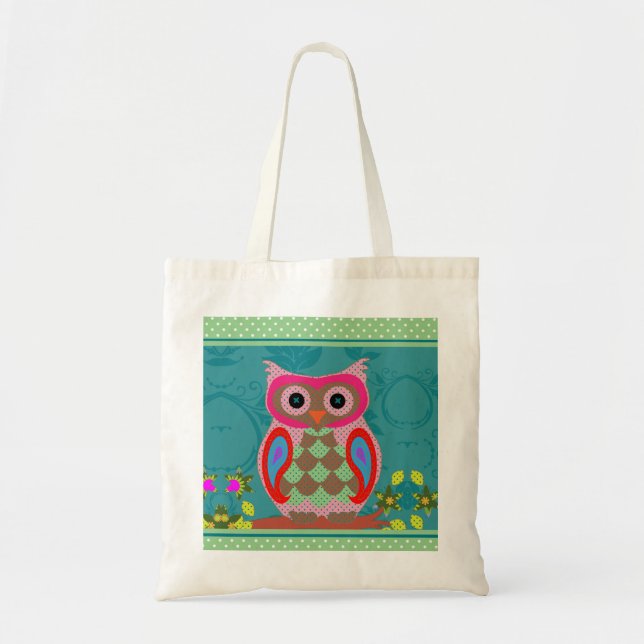 Patchwork Folk Art Owl and Dots Tote Bag (Front)