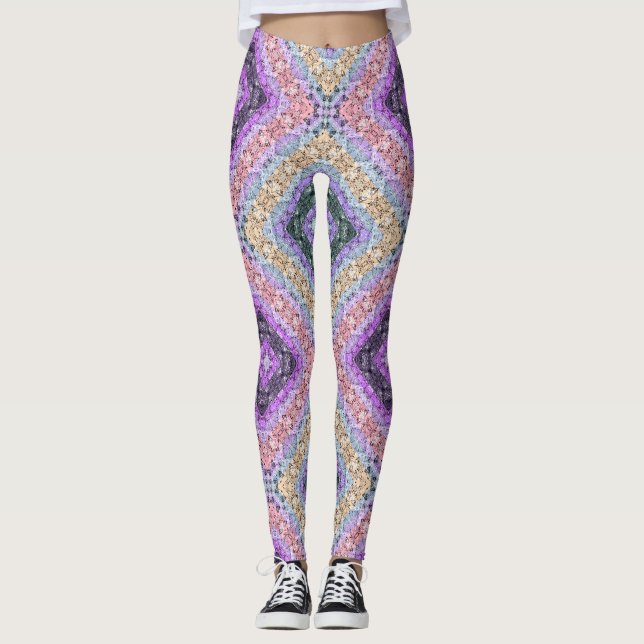Patchwork folk retro ornamental decor violet grey leggings (Front)