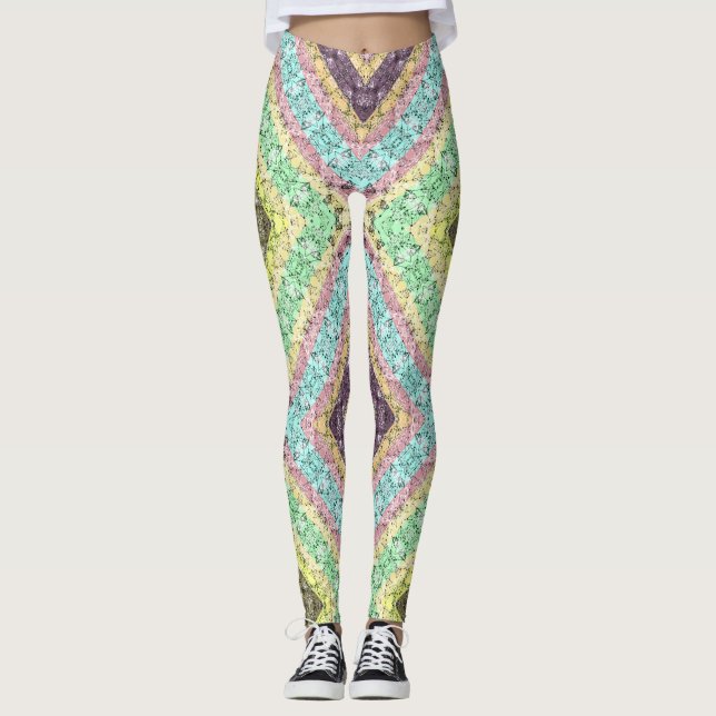 Patchwork folk retro ornamental decor yellow brigh leggings (Front)