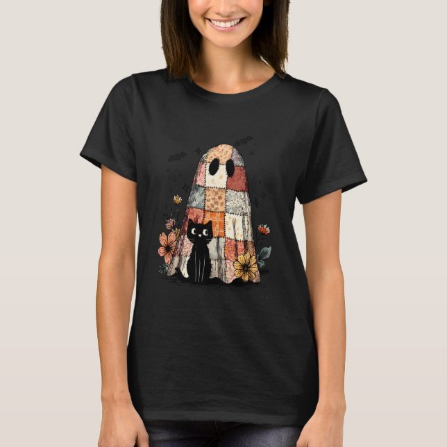Patchwork Ghost Holding Black Cat Funny Halloween  T-Shirt (Front)