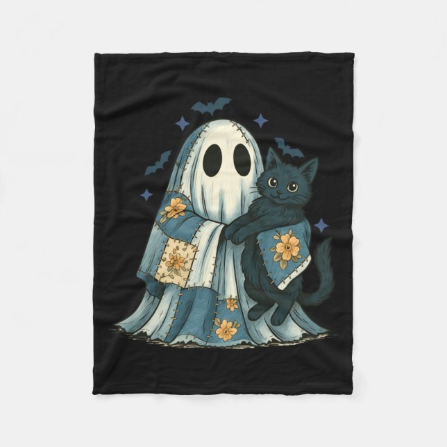 Patchwork Ghost Quilting Halloween Black Cat Fleece Blanket (Front)