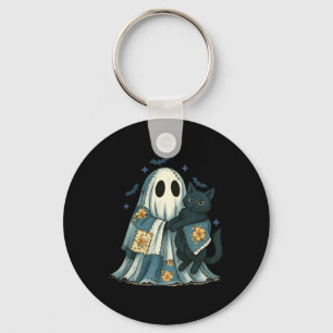 Patchwork Ghost Quilting Halloween Black Cat Key Ring