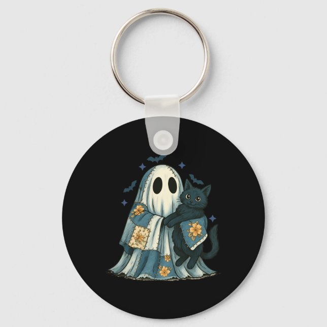 Patchwork Ghost Quilting Halloween Black Cat Key Ring (Front)