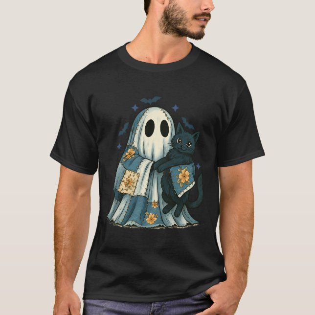 Patchwork Ghost Quilting Halloween Black Cat T-Shirt (Front)