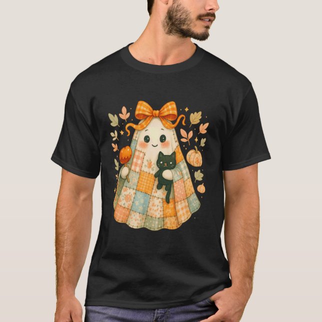 Patchwork Ghost with Cat and Caramel Apple T-Shirt (Front)