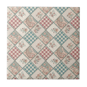 Patchwork Gingham & Quilted Paisley Chequered Art Ceramic Tile