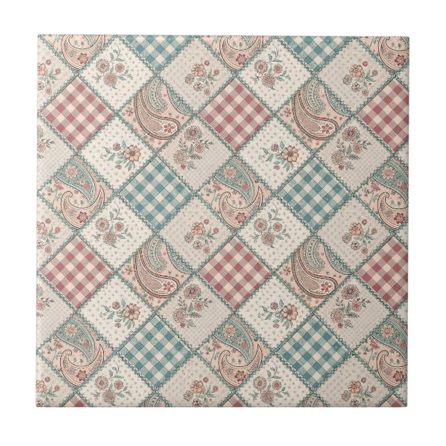 Patchwork Gingham & Quilted Paisley Chequered Art Ceramic Tile (Front)