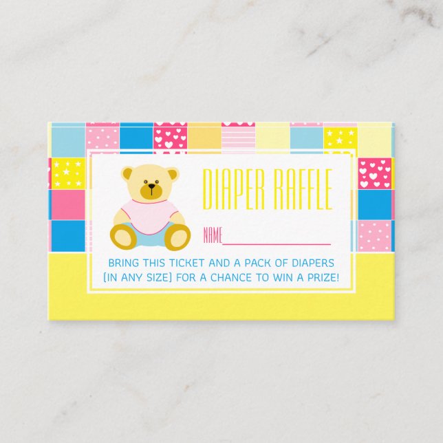 Patchwork Gold Bear, Baby Shower Raffle Ticket Enclosure Card (Front)