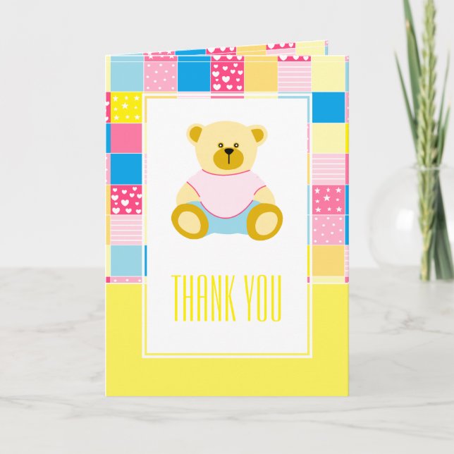 Patchwork Gold Bear, Baby Shower Thank You (Front)