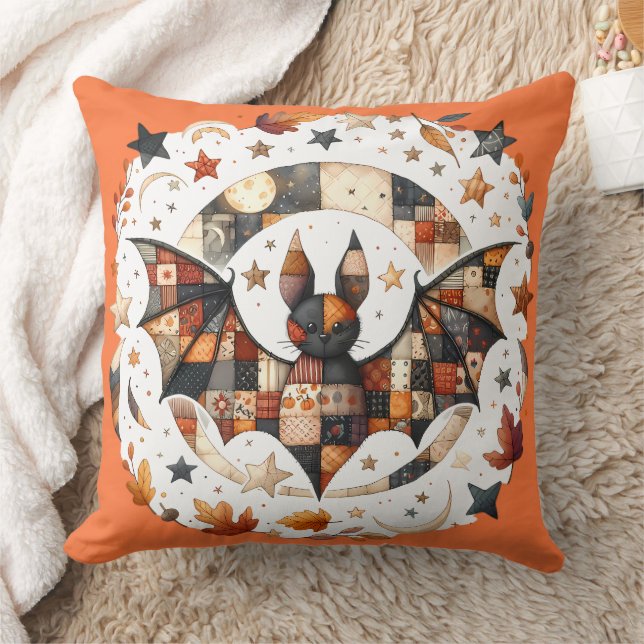 Patchwork Halloween Bat in Autumn Colours Cushion (Blanket)