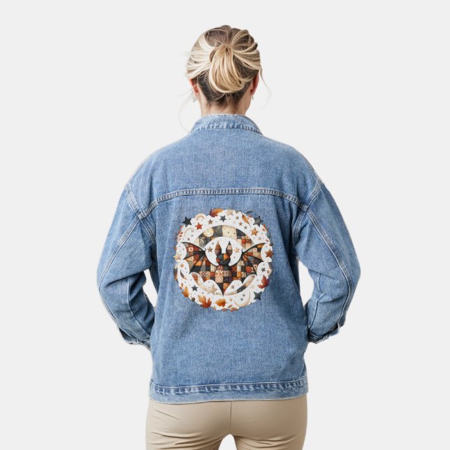 Patchwork Halloween Bat in Autumn Colours Denim Jacket (Model)