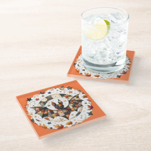 Patchwork Halloween Bat in Autumn Colours Glass Coaster