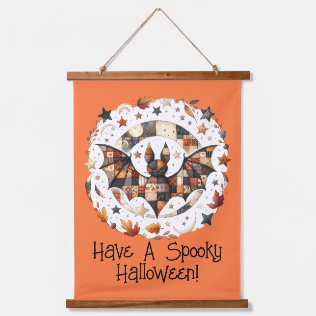 Patchwork Halloween Bat in Autumn Colours Hanging Tapestry (Front)